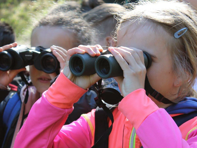 Schülerinnen und Schüler der Volksschule Längenfeld im Naturpark Ötztal sind als Vogelforscher unterwegs ... 
Foto: Archiv Naturpark Ötztal / Patrizia Plattner