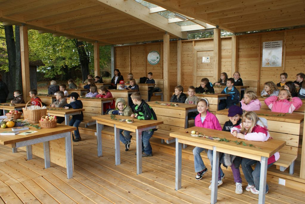 Schüler:innen sitzen an Tischen in einem Freiluftklassenzimmer