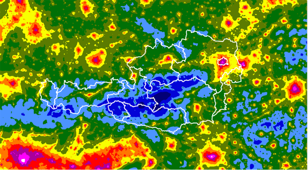 Lichtverschmutzungskarte von Österreich